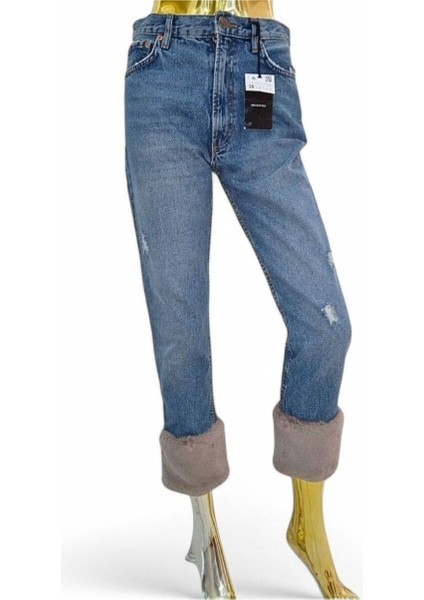 Zara S / 36 PELUŞ KÜRK DETAYLI PAÇA Bermuda Denim Kot Pantolon Jean KAPRİ