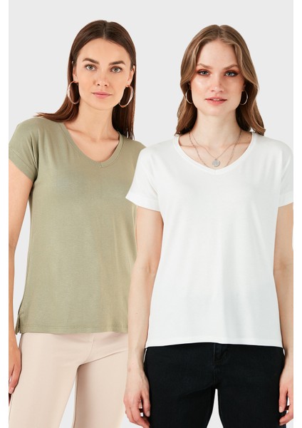 V Yaka Relaxed Fit Yırtmaç Detaylı 2'li Paket Bluz Bayan Bluz 5862000S2