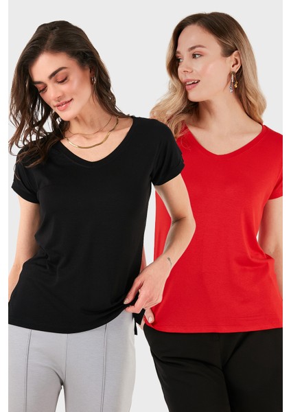 V Yaka Relaxed Fit Yırtmaç Detaylı 2'li Paket Bluz Bayan Bluz 5862000S2