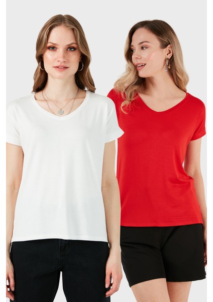 V Yaka Relaxed Fit Yırtmaç Detaylı 2'li Paket Bluz Bayan Bluz 5862000S2