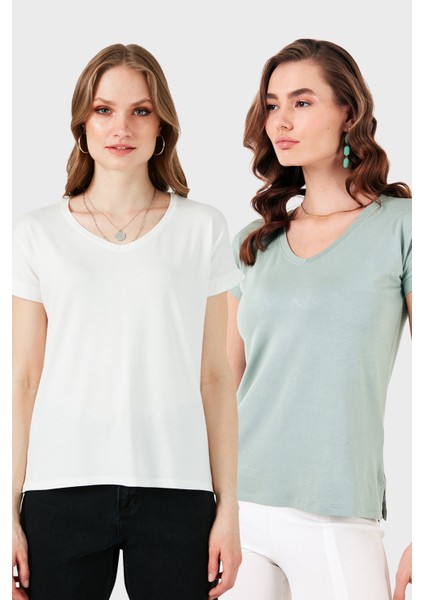 V Yaka Relaxed Fit Yırtmaç Detaylı 2'li Paket Bluz Bayan Bluz 5862000S2