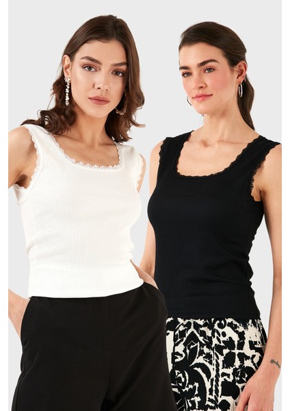 Slim Fit Kalın Dantelli Kare Yaka Bürümcük 2'li Paket Atlet Bayan Atlet 5864979S2
