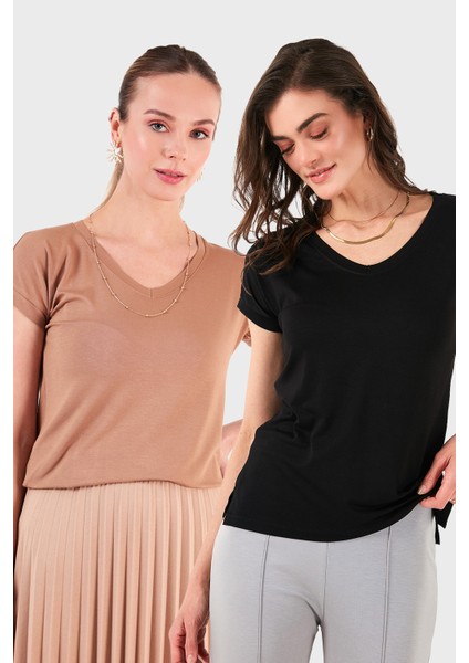 V Yaka Relaxed Fit Yırtmaç Detaylı 2'li Paket Bluz Bayan Bluz 5862000S2