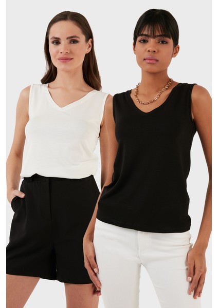 Slim Fit V Yaka Kalın Askılı 2' Li Paket Bluz Bayan Bluz 5864384S2
