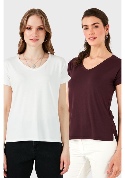 V Yaka Relaxed Fit Yırtmaç Detaylı 2'li Paket Bluz Bayan Bluz 5862000S2