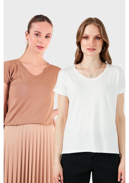 V Yaka Relaxed Fit Yırtmaç Detaylı 2'li Paket Bluz Bayan Bluz 5862000S2
