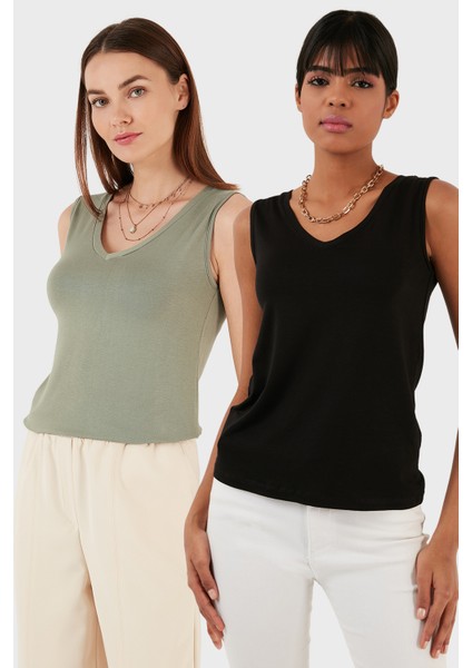 Slim Fit V Yaka Kalın Askılı 2' Li Paket Bluz Bayan Bluz 5864384S2