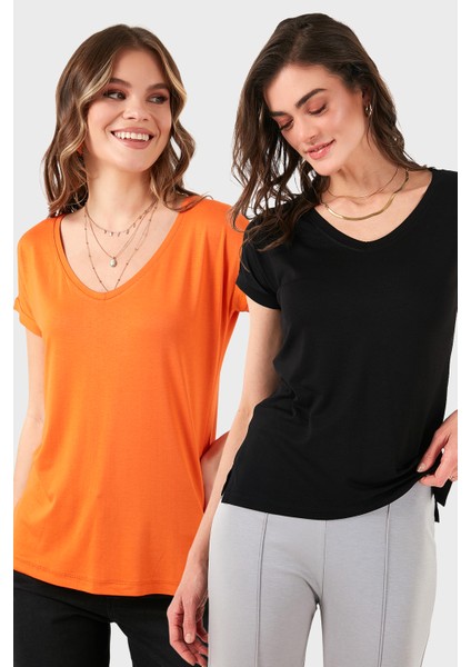 V Yaka Relaxed Fit Yırtmaç Detaylı 2'li Paket Bluz Bayan Bluz 5862000S2