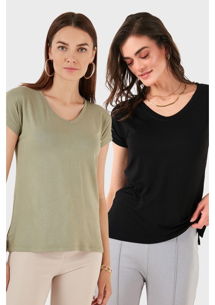V Yaka Relaxed Fit Yırtmaç Detaylı 2'li Paket Bluz Bayan Bluz 5862000S2