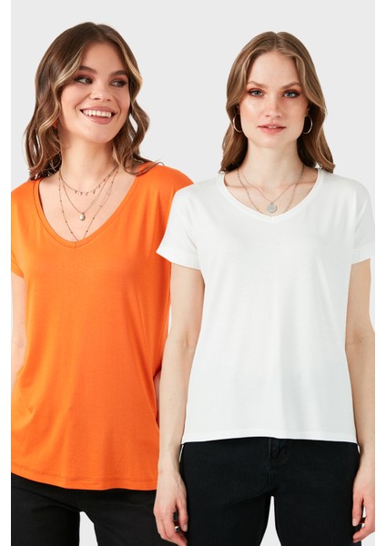 V Yaka Relaxed Fit Yırtmaç Detaylı 2'li Paket Bluz Bayan Bluz 5862000S2