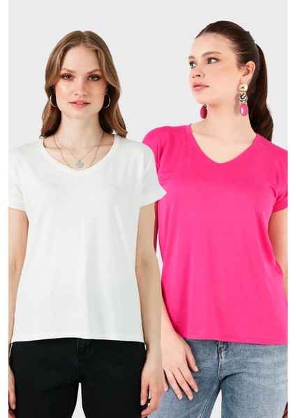 V Yaka Relaxed Fit Yırtmaç Detaylı 2'li Paket Bluz Bayan Bluz 5862000S2
