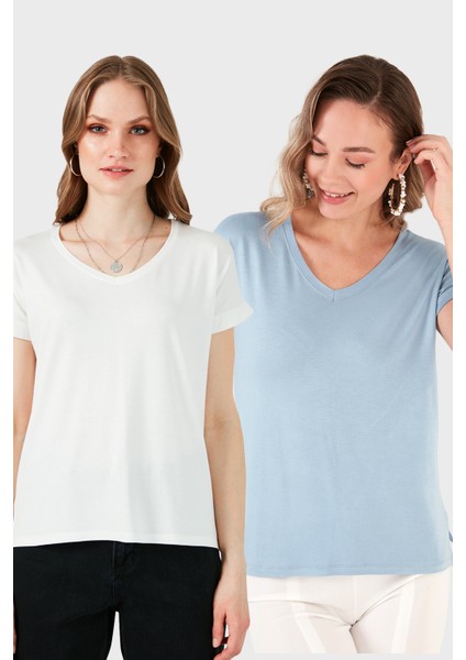 V Yaka Relaxed Fit Yırtmaç Detaylı 2'li Paket Bluz Bayan Bluz 5862000S2