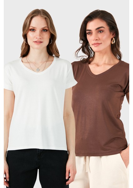 V Yaka Relaxed Fit Yırtmaç Detaylı 2'li Paket Bluz Bayan Bluz 5862000S2