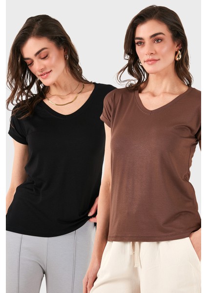 V Yaka Relaxed Fit Yırtmaç Detaylı 2'li Paket Bluz Bayan Bluz 5862000S2