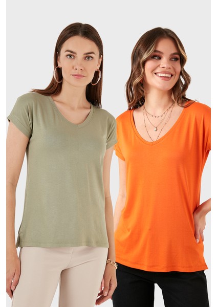 V Yaka Relaxed Fit Yırtmaç Detaylı 2'li Paket Bluz Bayan Bluz 5862000S2