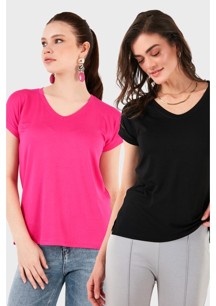 V Yaka Relaxed Fit Yırtmaç Detaylı 2'li Paket Bluz Bayan Bluz 5862000S2