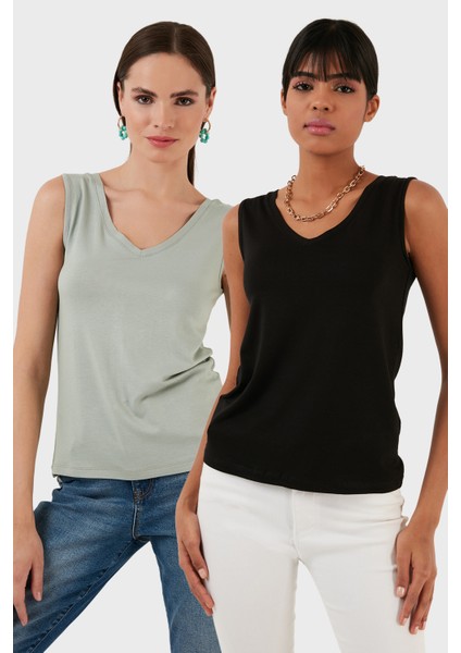 Slim Fit V Yaka Kalın Askılı 2' Li Paket Bluz Bayan Bluz 5864384S2