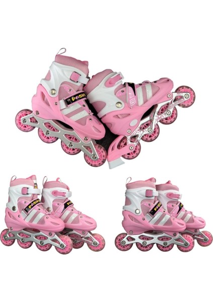 Pembe Işıklı Teker Ayarlanabilir Çocuk Alıştırma Paten 2 Fonksiyon + Çakarlı Kask Dizlik Set