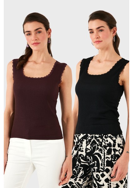 Slim Fit Kalın Dantelli Kare Yaka Bürümcük 2'li Paket Atlet Bayan Atlet 5864979S2
