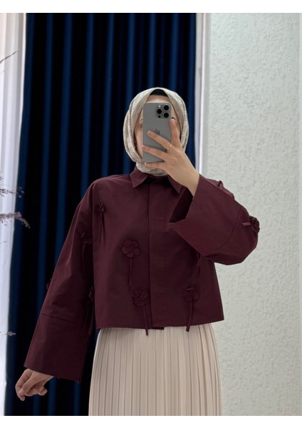 Serasya Çiçekli Kısa GÖMLEK-BN4411 Bordo