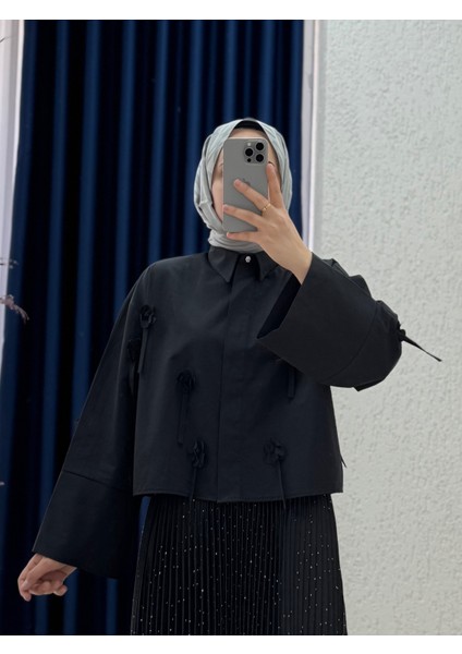 Serasya Çiçekli Kısa GÖMLEK-BN4411 Siyah