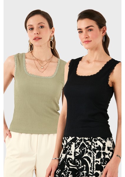 Slim Fit Kalın Dantelli Kare Yaka Bürümcük 2'li Paket Atlet Bayan Atlet 5864979S2