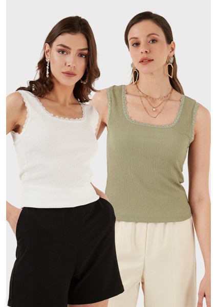 Slim Fit Kalın Dantelli Kare Yaka Bürümcük 2'li Paket Atlet Bayan Atlet 5864979S2