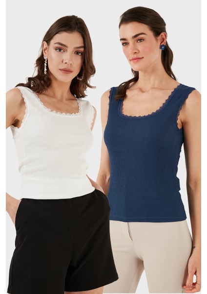 Slim Fit Kalın Dantelli Kare Yaka Bürümcük 2'li Paket Atlet Bayan Atlet 5864979S2