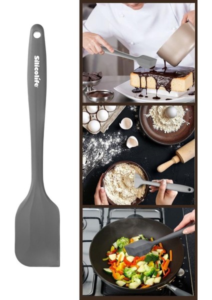 Büyük Spatula, Isıya Dayanıklı Yanmaz Yapışmaz Tek Parça Silikon Spatula 26CM Antrasit