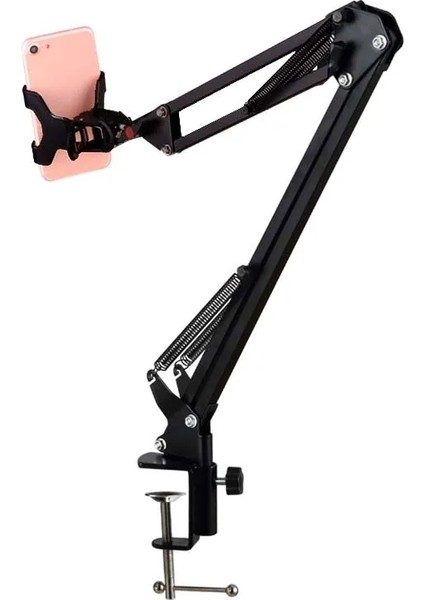 Masa Üstü Ayarlanabilir Telefon Standı – 360° Dönebilen, Yaylı Kol, Metal Gövde, Masa Kenarı Montajlı