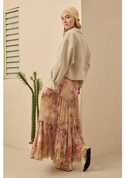 Katlı Tül Etek Floral Desen Yağ Yeşili modelleri