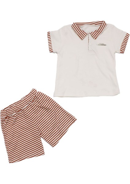Erkek Bebek Beyaz Kiremit Çizgili Yakalı Şortlu 2'li Takım - 1015772