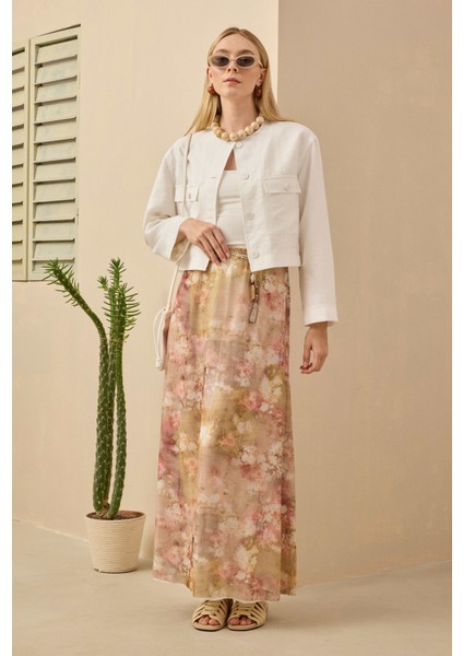 Çan Tül Etek Floral Desen Yağ Yeşili