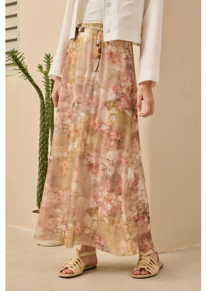 Çan Tül Etek Floral Desen Yağ Yeşili