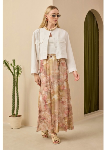 Çan Tül Etek Floral Desen Yağ Yeşili
