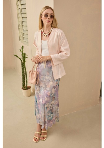 Çan Tül Etek Floral Desen Mavi