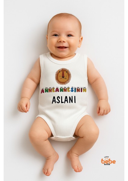 Anneannesinin Aslanı Yazılı Pamuklu Ribana Tulum Body Zıbın Çıtçıtlı 6–36 Ay Unisex
