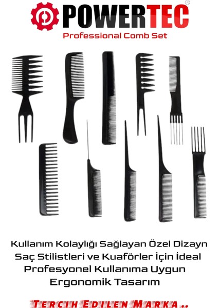 TR-C10 10'lu Profesyonel Kuaför Tarağı - Berber Tarağı Çantalı Set