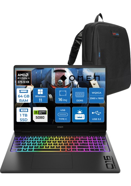 Omen Max 16-AK0002NT Amd Ryzen Aı 9 HX375 64GB Ddr5 1tb SSD 16GB Nvıdıa RTX5080 16 Inç 500NITS 2k Wqxga 240Hz 3ms IPS Windows 11 Home Siyah OBQ1X7EAH13 + Zetta Çanta
