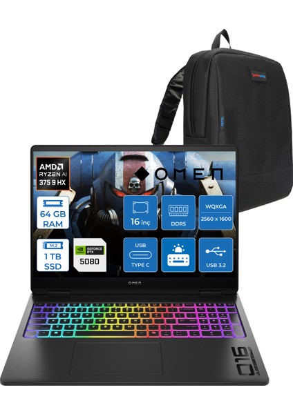 Omen Max 16-AK0002NT Amd Ryzen Aı 9 HX375 64GB Ddr5 1tb SSD 16GB Nvıdıa RTX5080 16 Inç 500NITS 2k Wqxga 240Hz 3ms IPS Freedos Siyah OBQ1X7EAF13 + Zetta Çanta