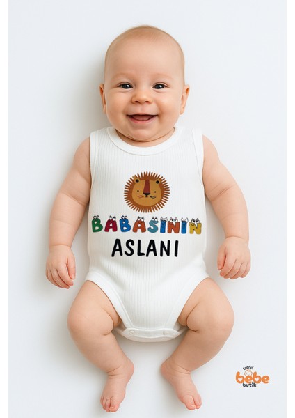 Babasının Aslanı Yazılı Pamuklu Ribana Çıtçıtlı Bebek Zıbın Body 6-36 Ay Unisex Tulum
