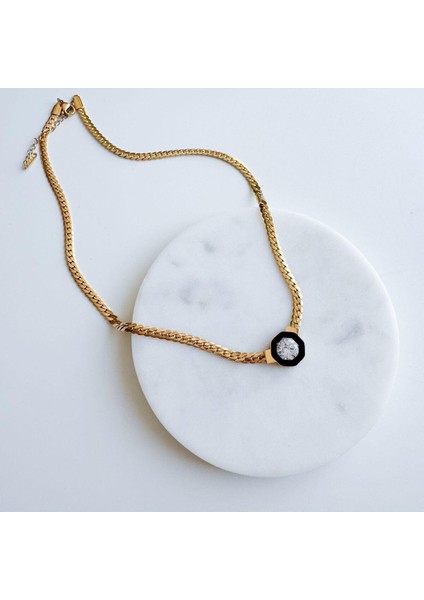 Çelik Hasır Siyah Taşlı Leyla Kolye