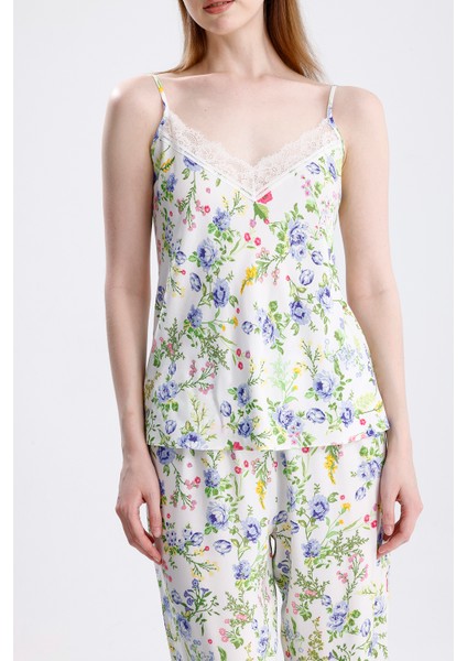 Kadın Dantelli Saten Çiçekli Uzun Pijama Takımı Şık ve Zarif İp Askılı Uyku Seti fiyatları