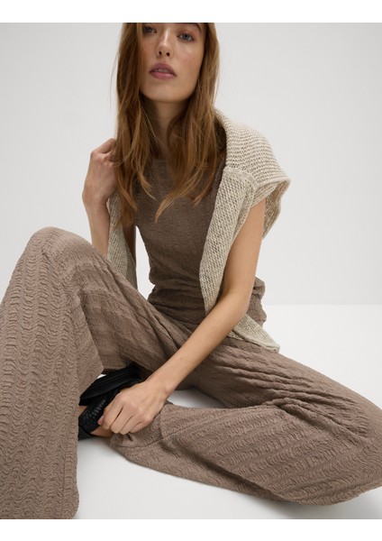 Dokulu Elastik Bel Wide Leg Pantolon