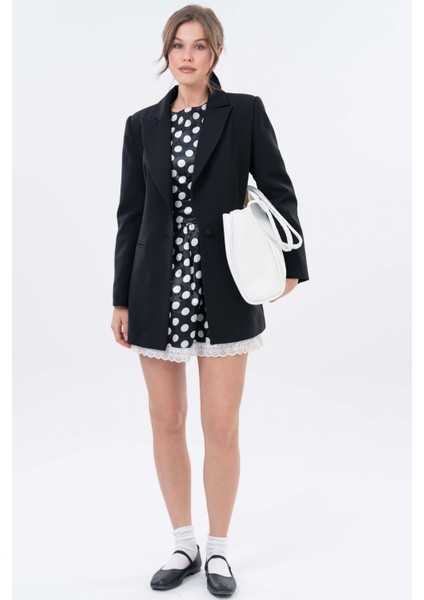 Siyah Tek Düğme Kapama Cepli Dokuma Blazer Ceket modelleri