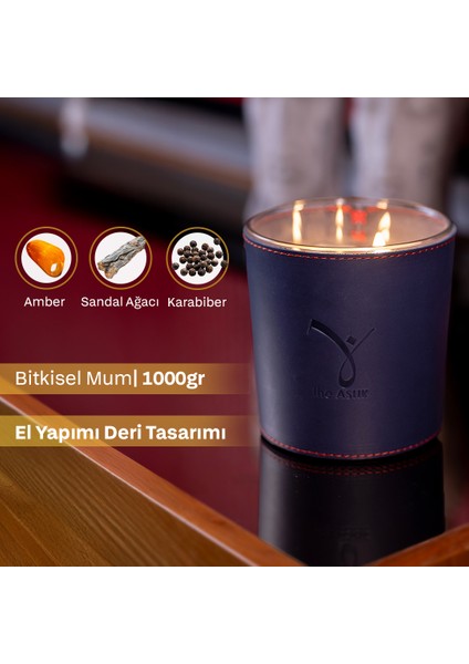 Deri Hayal Lacivert Bitkisel Mum 1000GR Sandal Ağacı, Amber & Karabiber