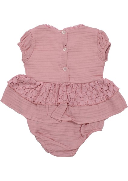 Kız Bebek Pudra Müslin Belden Fırfırlı Lastikli Düğmeli Külotlu Zıbın Tulum - 1015971