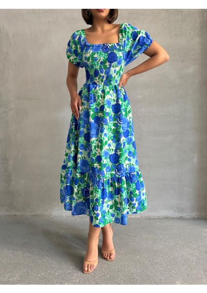 Kadın Gipeli Çiçek Desenli Kare Yaka Pamuklu Elbise fiyatları