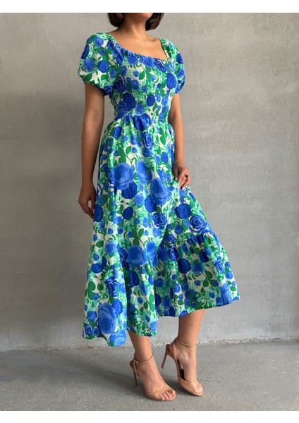 Kadın Gipeli Çiçek Desenli Kare Yaka Pamuklu Elbise modelleri