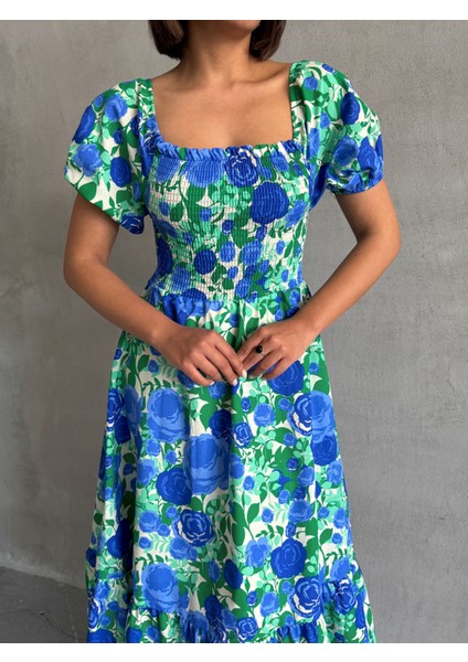 Kadın Gipeli Çiçek Desenli Kare Yaka Pamuklu Elbise fırsatları